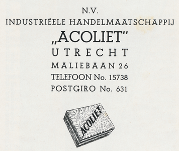 710697 Gedeelte van de titelpagina van de productbrochure van Acoliet, Industrieële Handelmaatschappij, Maliebaan 26 te ...